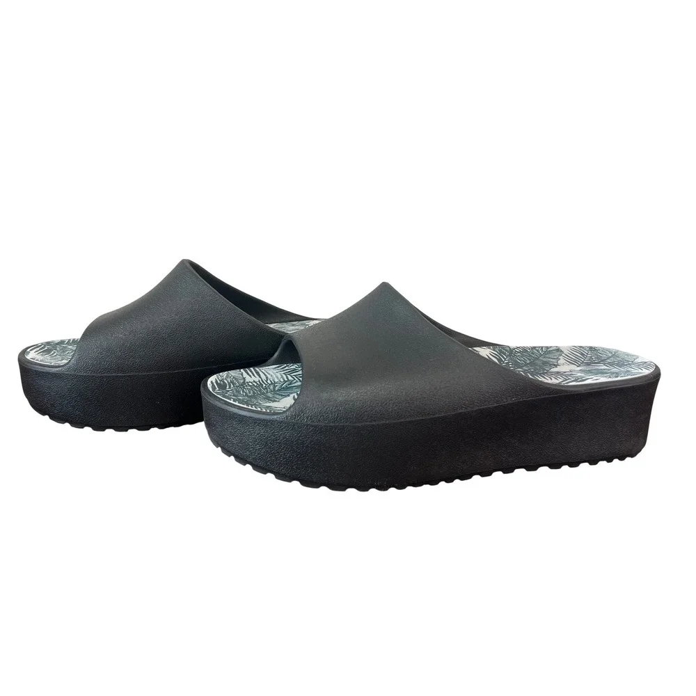 Baretraps Womens Black Platform Slide Sandals Tropical Leaf Print Size 10